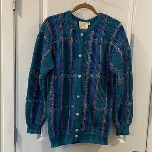 VINTAGE! Colorful Teal, Blue, & Purple Retro Cardigan, Women’s Medium